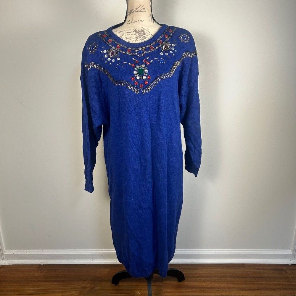 Extra Editions Vintage Beaded Sweater Dress Womens 3X Blue Ramie Cotton Knit